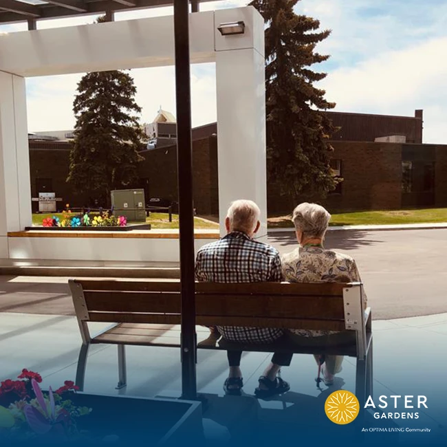 A senior couple sitting together on a bench